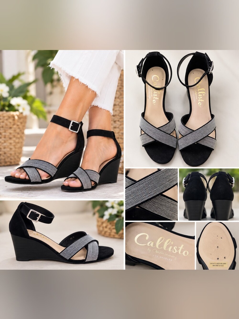 Callisto by Chinese Laundry Black & Silver Wedge Sandals – Size 9